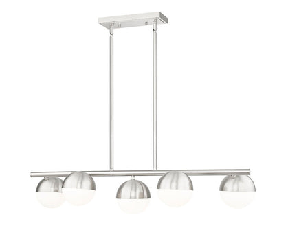 modern five-light island chandelier in brushed nickel finish.