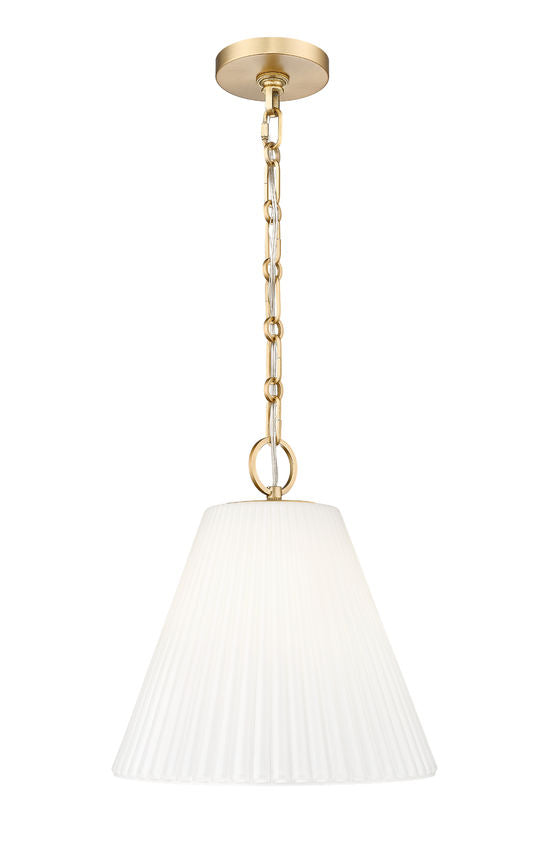 modern gold Aralic pendant light with pleated white glass shade.