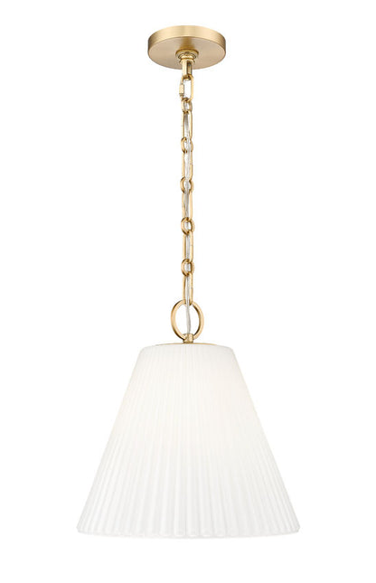 modern gold Aralic pendant light with pleated white glass shade.