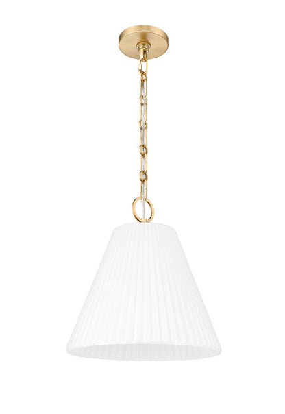 Modern gold pendant light with pleated white shade and decorative chain.