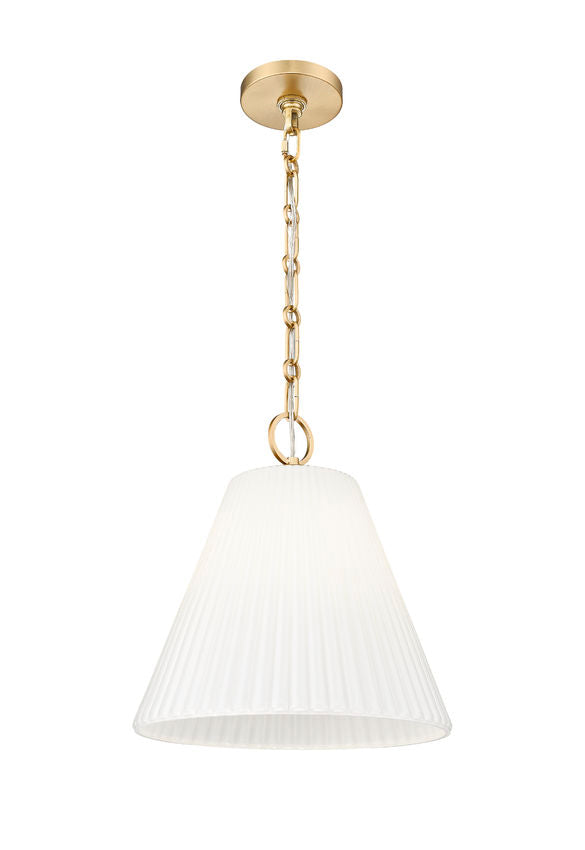 modern gold cone pendant light with pleated white shade front view.