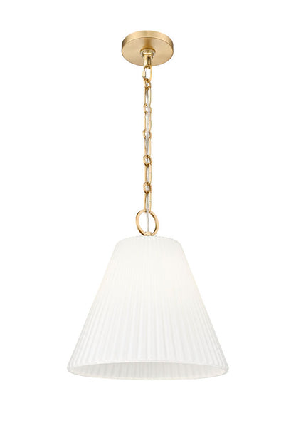 modern gold cone pendant light with pleated white shade front view.