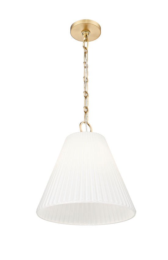 Modern gold pendant light with pleated white shade and chain detail