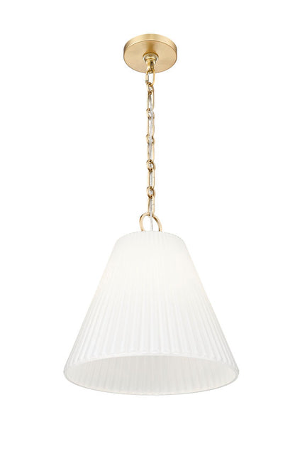 Modern gold pendant light with pleated white shade and chain detail