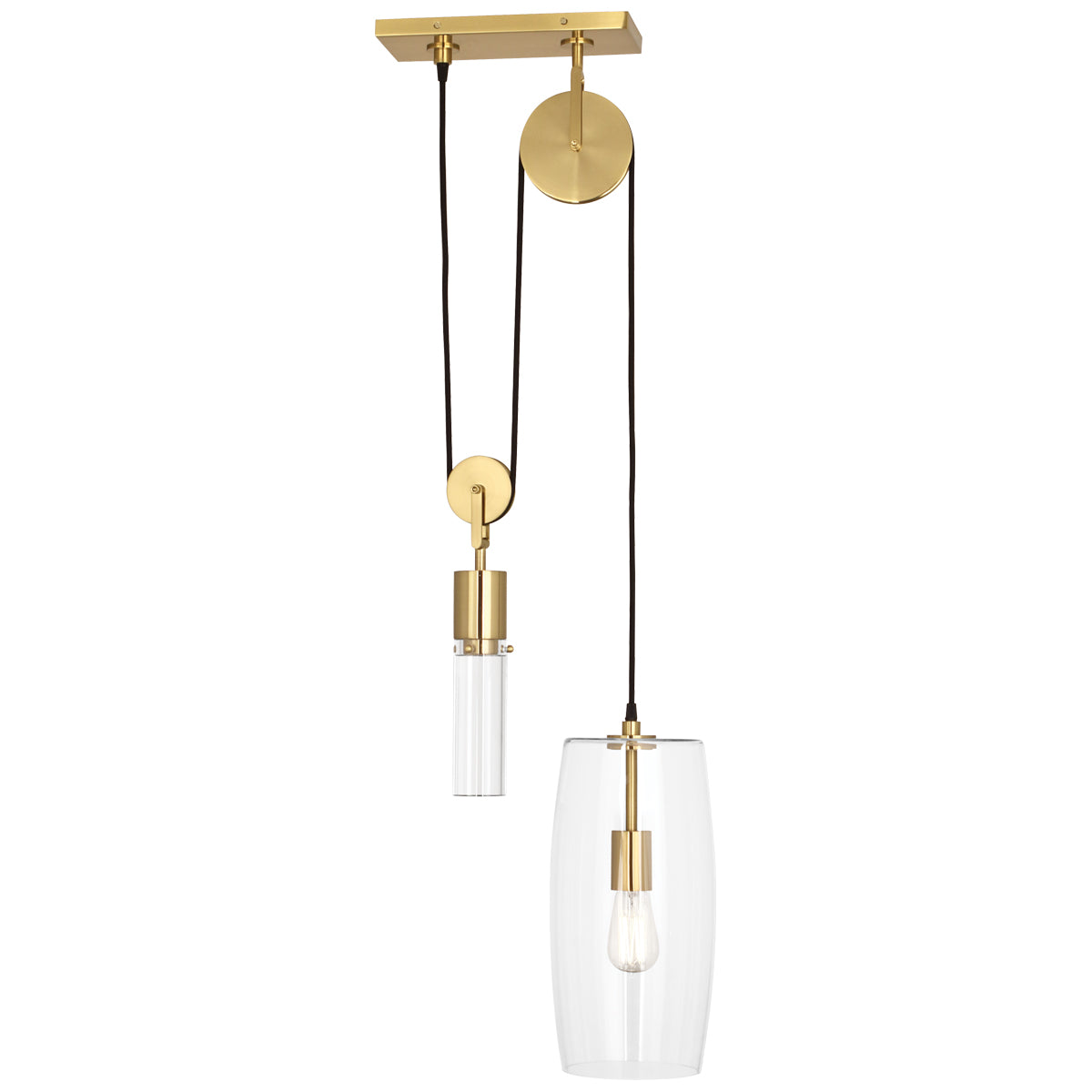 Modern Gravity Pendant Light with Brass Finish and Pulley Design.