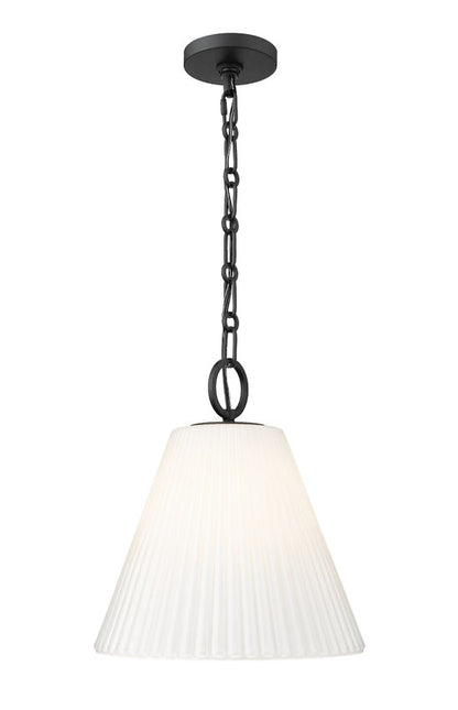 modern kitchen pendant light in matte black finish with pleated glass shade.