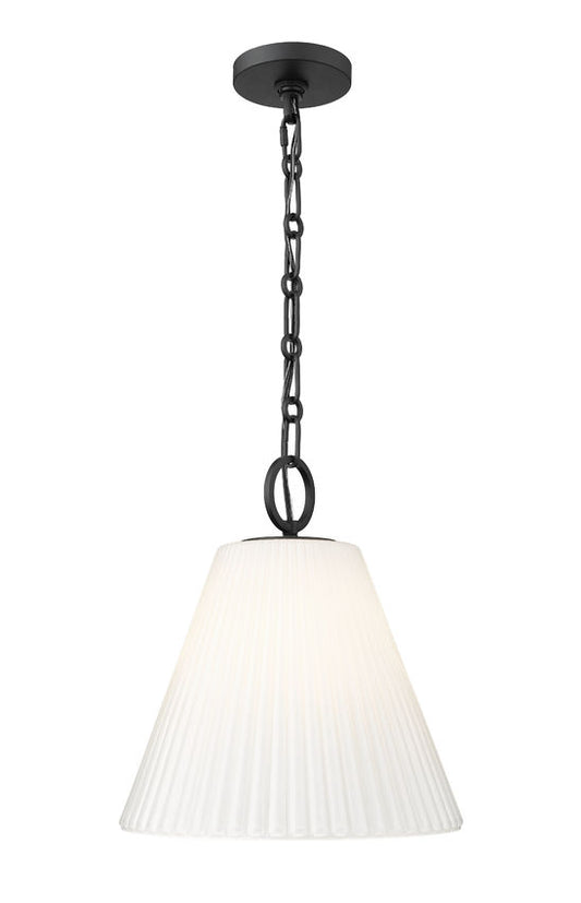 modern kitchen pendant light in matte black finish with pleated glass shade.
