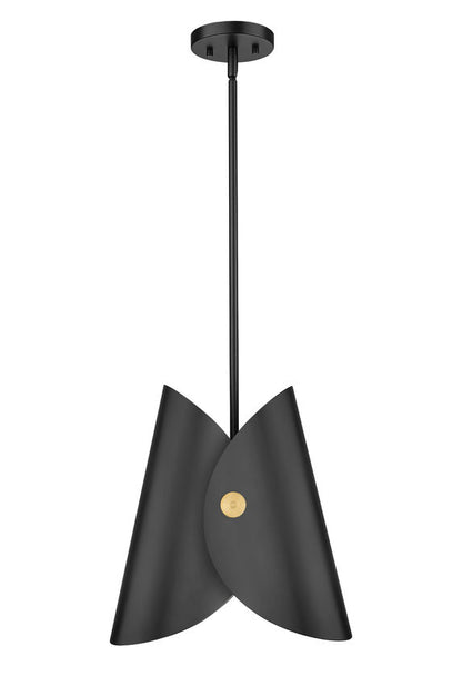 Modern one-light pendant matte black front view gold interior.