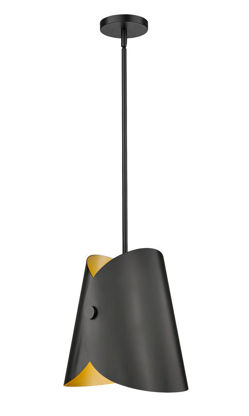 Modern one-light pendant matte black exterior with gold inner accent.