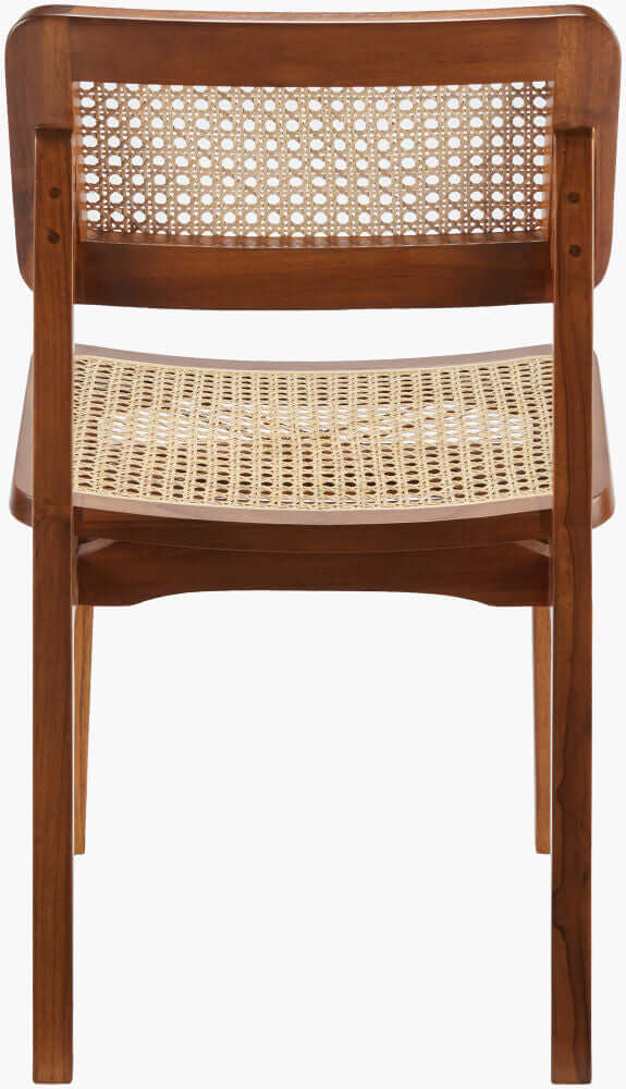 Back view of the Surya Arxan dining chair showcasing the craftsmanship of the rattan and teak wood.