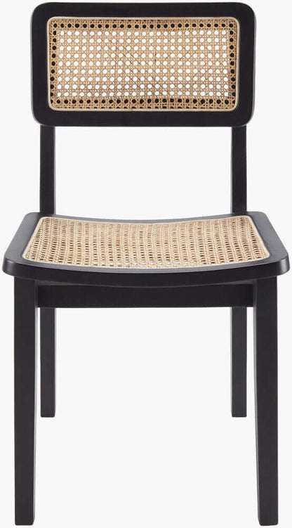 Front view of the Surya Arxan modern rattan dining chair in black finish, highlighting the rattan backrest and seat.