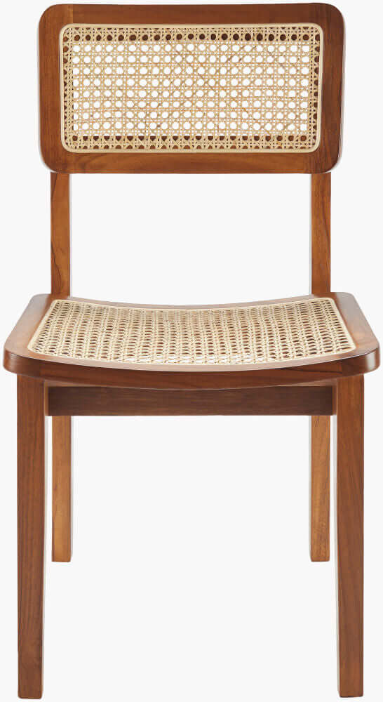 Front view of the Surya Arxan dining chair highlighting its natural rattan backrest and seat.