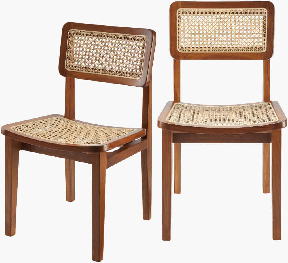 Set of two Surya Arxan modern rattan dining chairs with rattan backrests and teak wood frames.