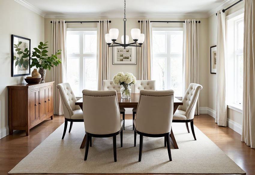 modern steel chandelier in bright dining space with white chairs.