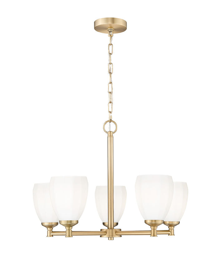 modern gold steel chandelier with opal tulip shades.