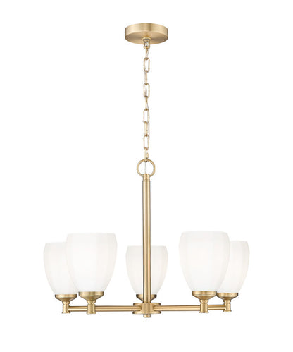 modern gold steel chandelier with opal tulip shades.