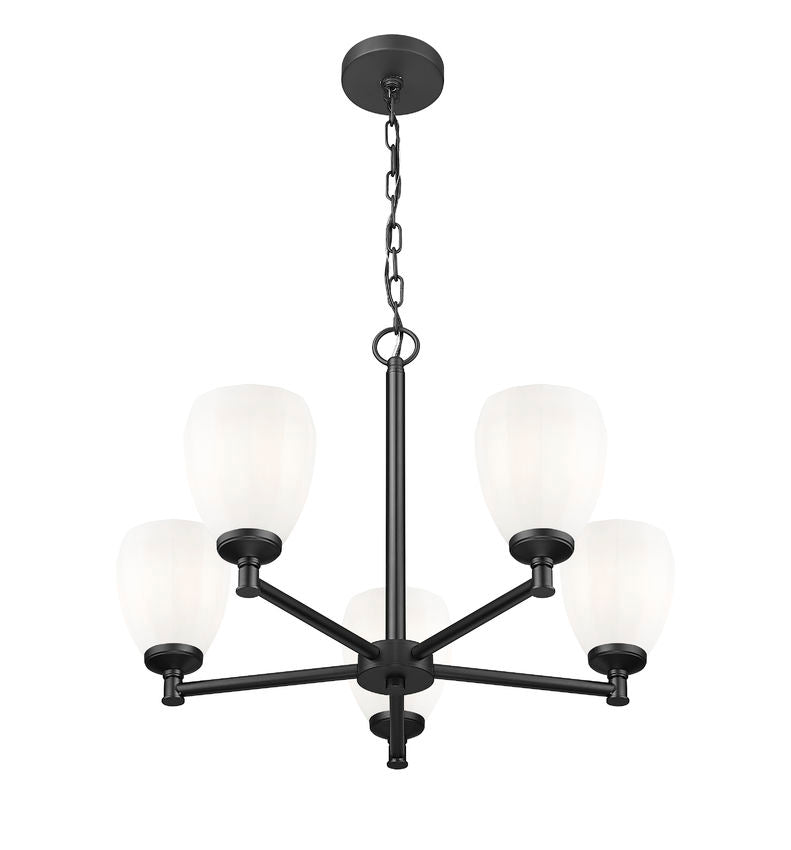 underside angle of modern steel chandelier matte black arms.