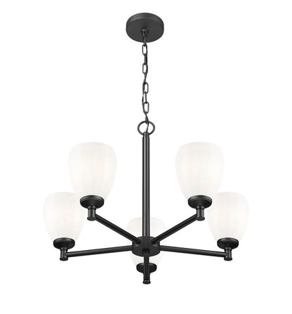 underside angle of modern steel chandelier matte black arms.