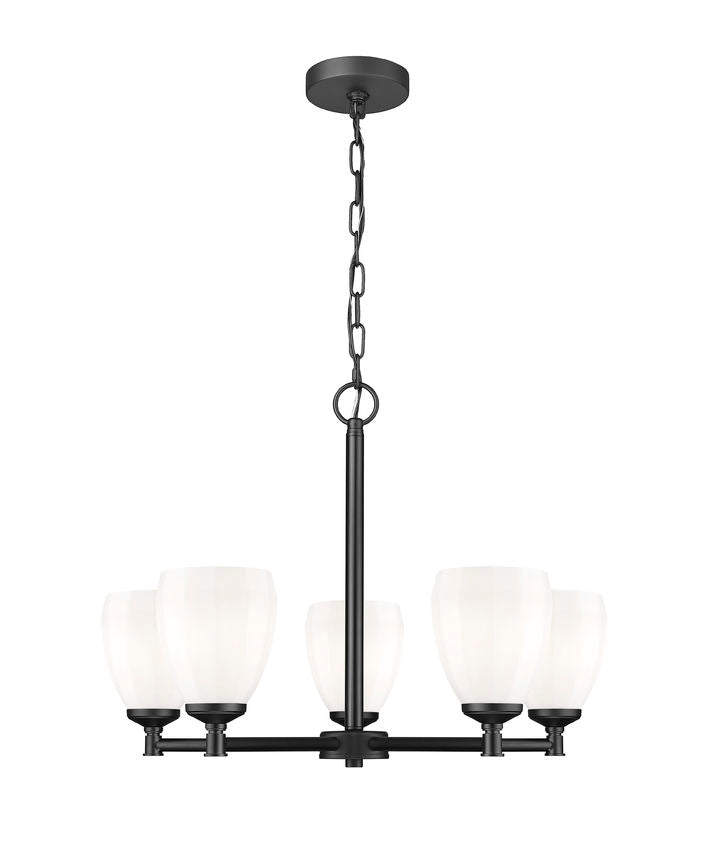 modern steel chandelier with matte black finish and opal glass shades.