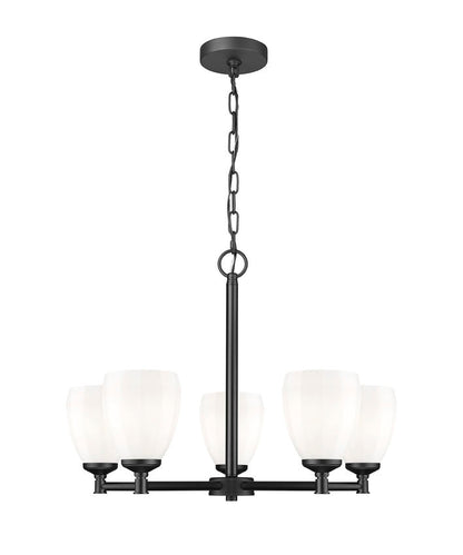 modern steel chandelier with matte black finish and opal glass shades.