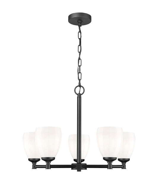 modern steel chandelier with matte black finish and opal glass shades.
