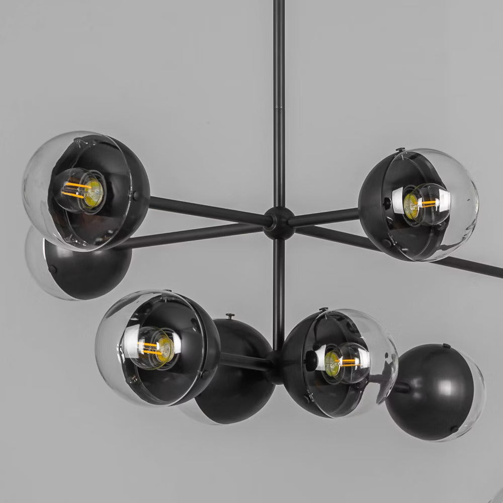 Molecule Linear Chandelier with transparent glass globes and Black Gunmetal brass base.