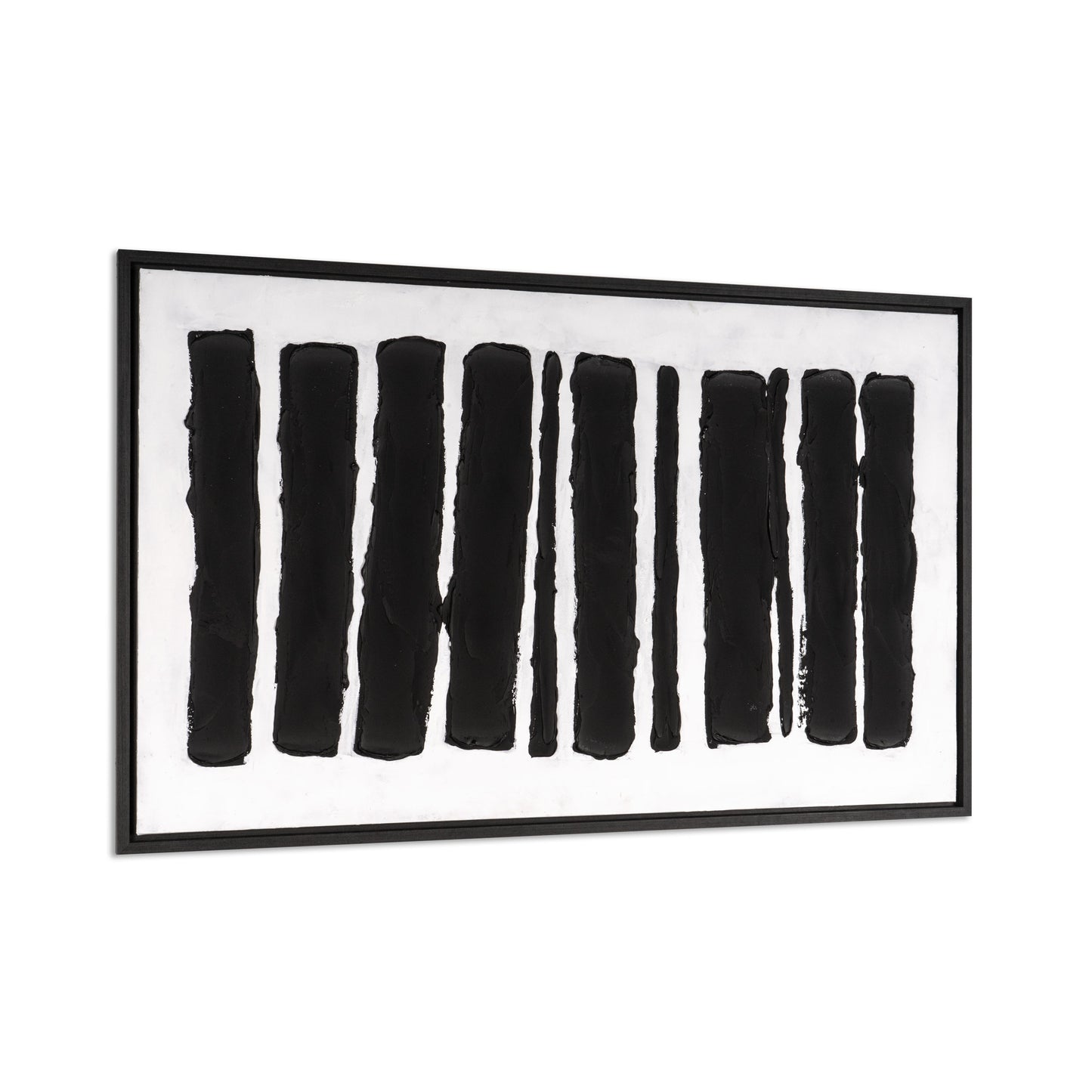 Rectangular abstract canvas wall art featuring bold black strokes on a white backdrop with a black frame.