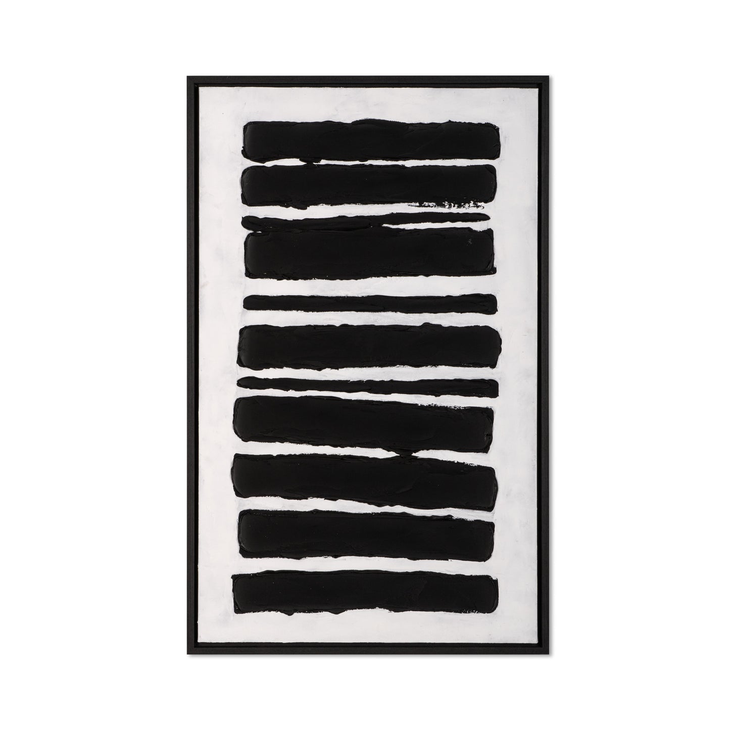 Vertical black brushstrokes on a white canvas with a sleek black frame.