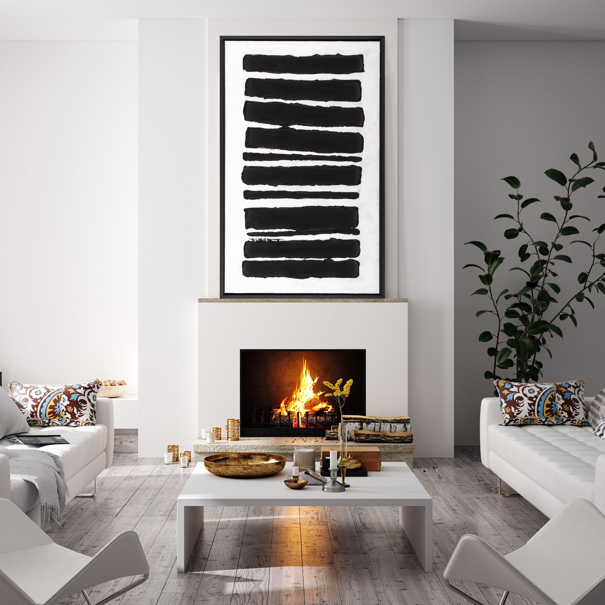 Vertical abstract art placed above a white fireplace in a cozy, curated living room.