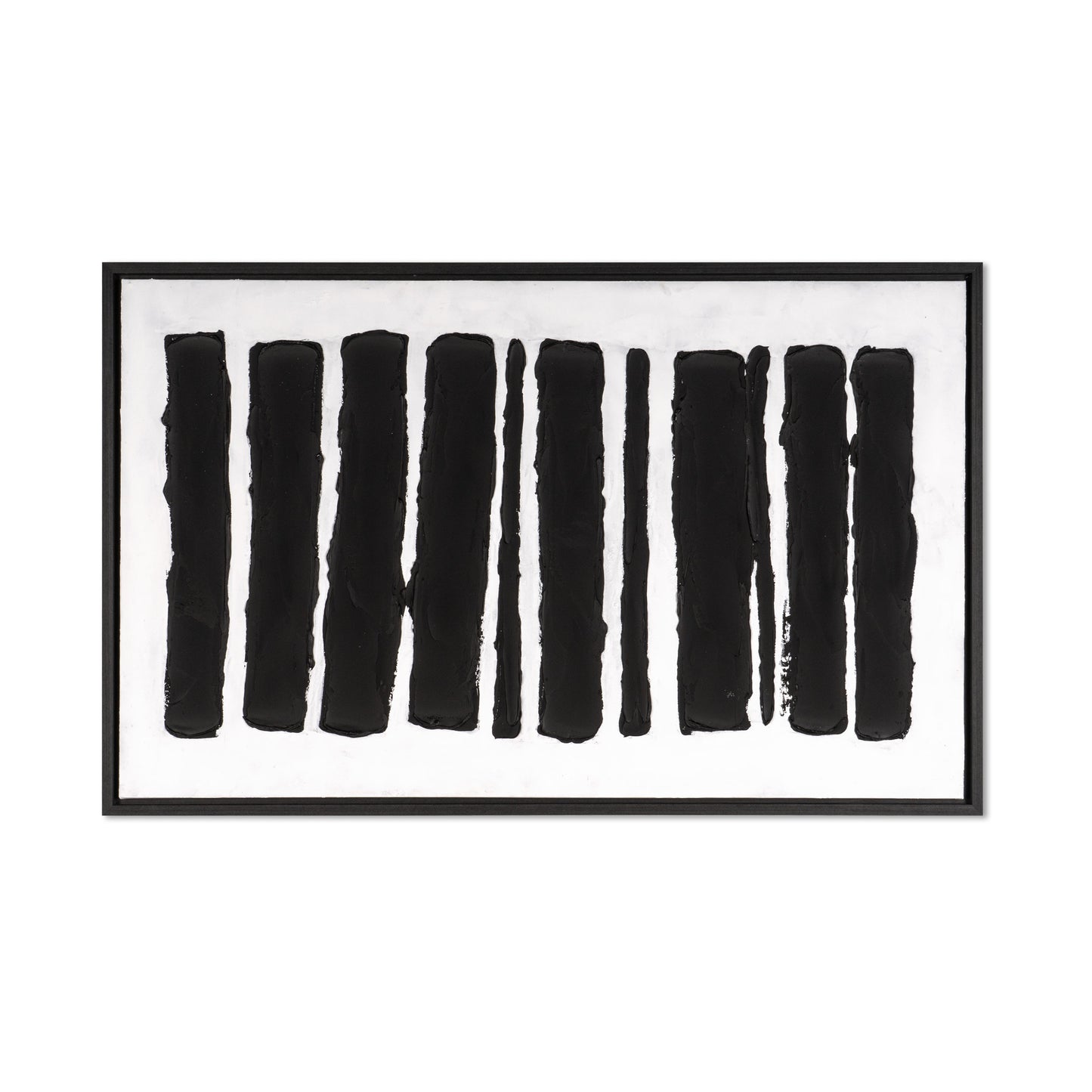 Horizontal black brushstrokes creating a bold abstract pattern against a white background.