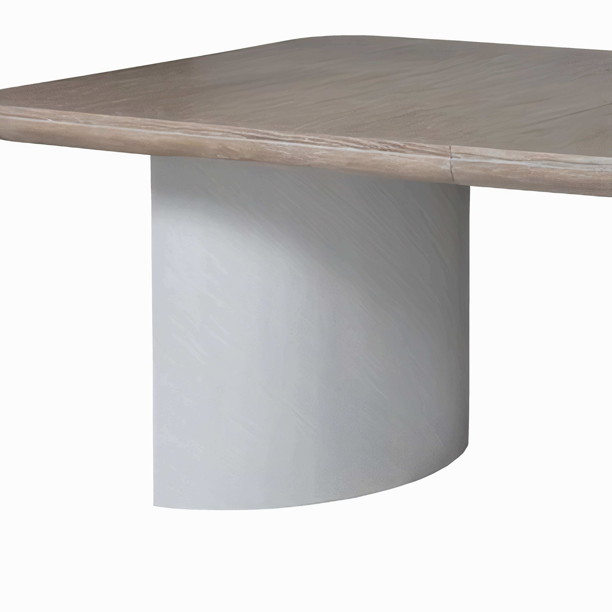 Closeup view of the Montara casual dining table’s half-moon leg, showcasing the textured white finish and sturdy design.