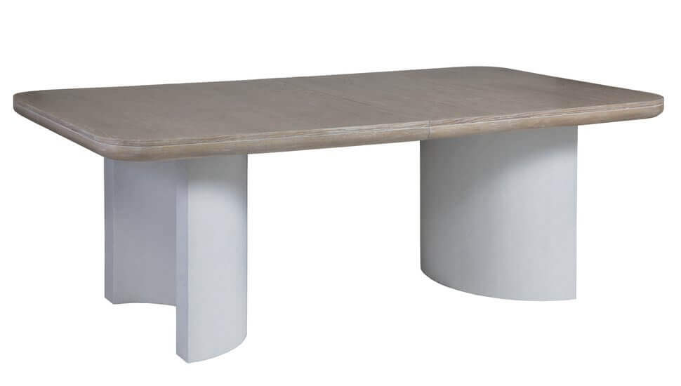 Full view of the Montara modern casual dining table by Arbor Haven with oak veneer and half-moon bases.