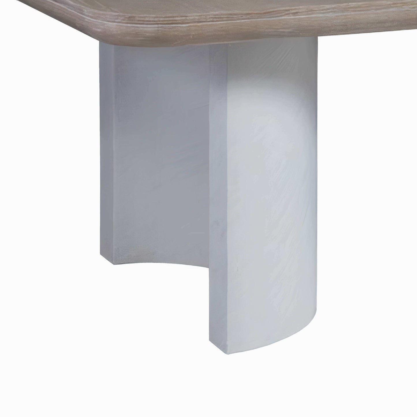 Detailed view of the Montara white dining table's textured half-moon base, illustrating its unique modern design.