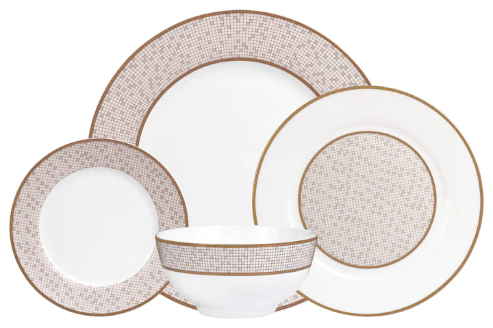 Complete view of the Mossaic Bone China dinnerware set including dinner plate, salad plate, appetizer plate, and cereal bowl.