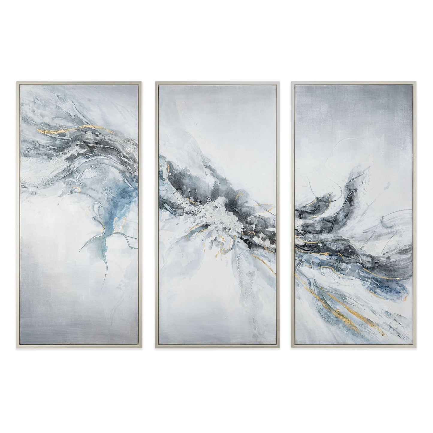 Set of three hand-painted panels featuring soft blues and whites with metallic gold details