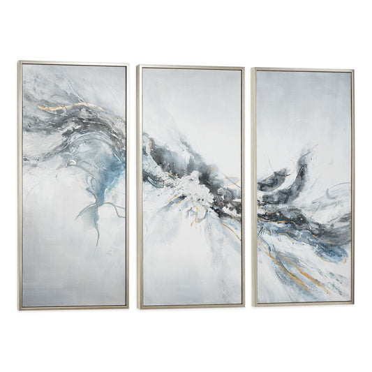 Triptych abstract artwork with soft blue, gray, and white tones accented by gold leafing in silver floater frames.