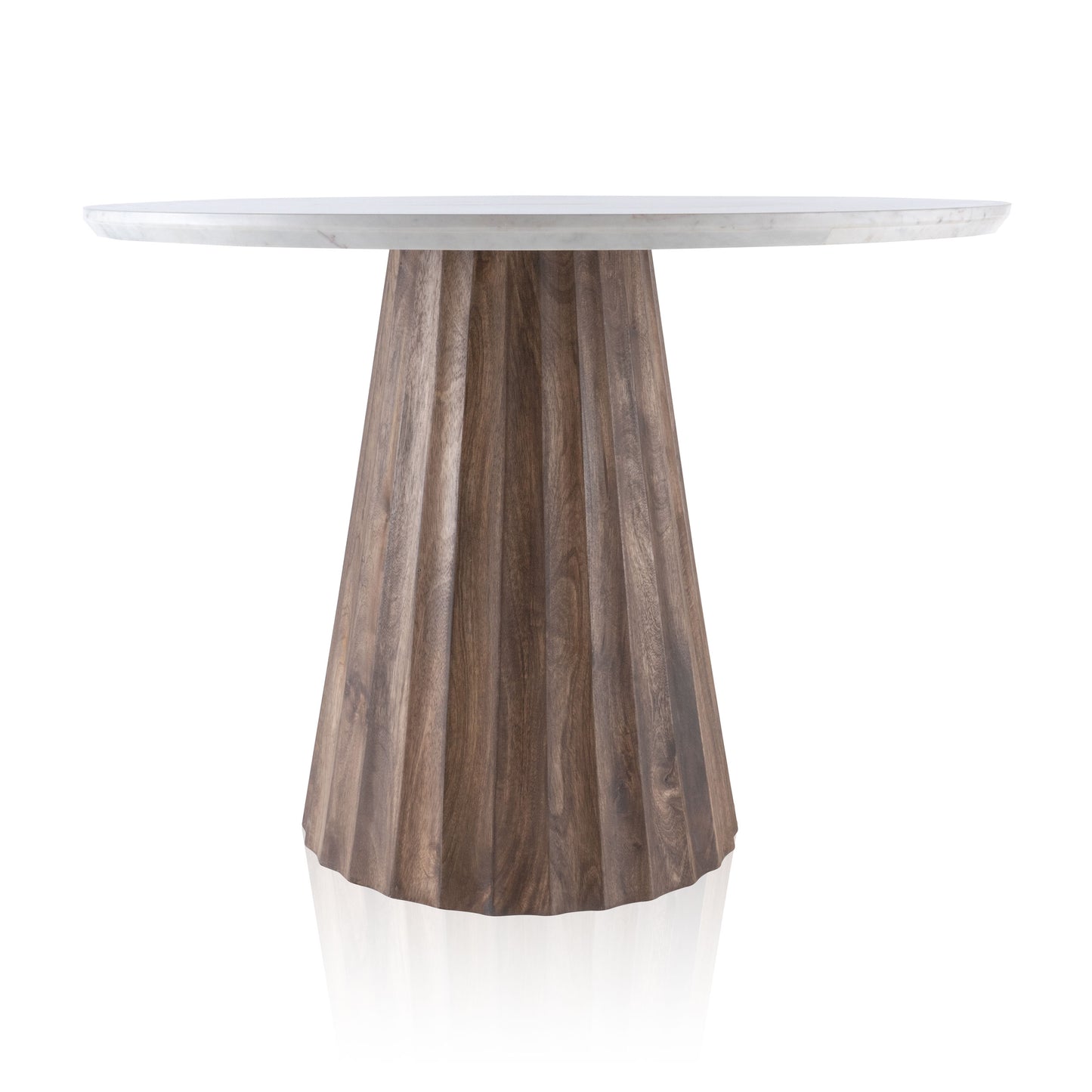 Round dining table with a white marble top and a dark walnut fluted mango wood base.