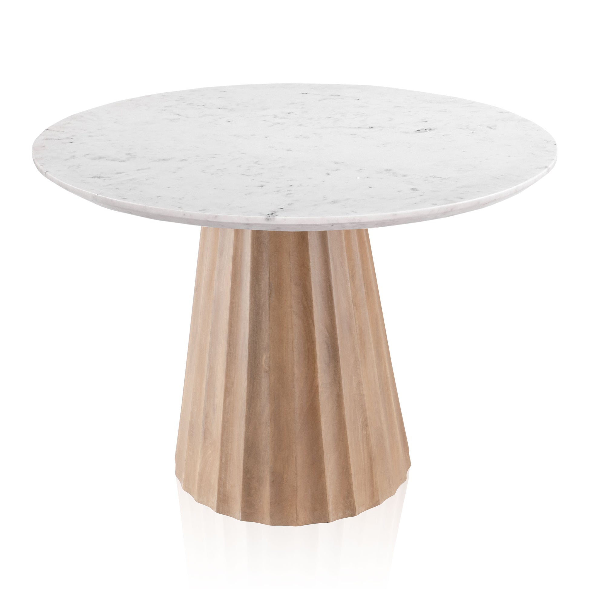 Top view of the Nalani dining table showcasing its 42-inch white marble surface with natural veining.