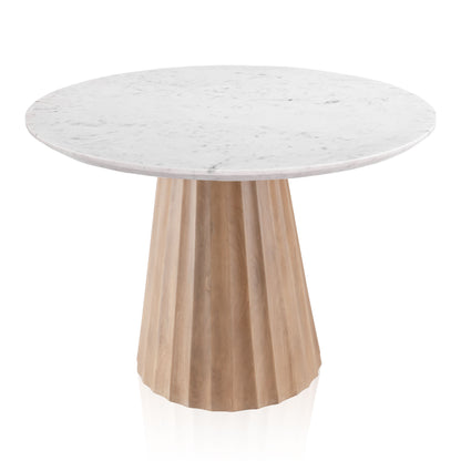 Top view of the Nalani dining table showcasing its 42-inch white marble surface with natural veining.