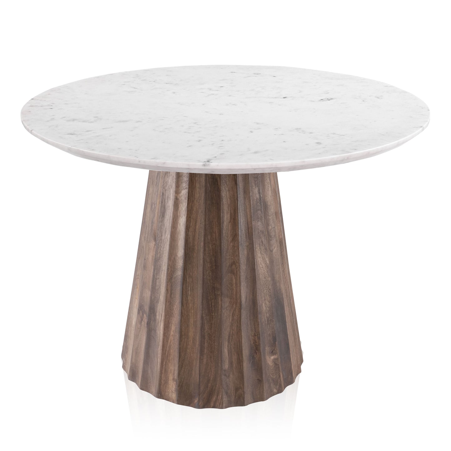 Round dining table with a white marble top and a dark walnut fluted mango wood base.