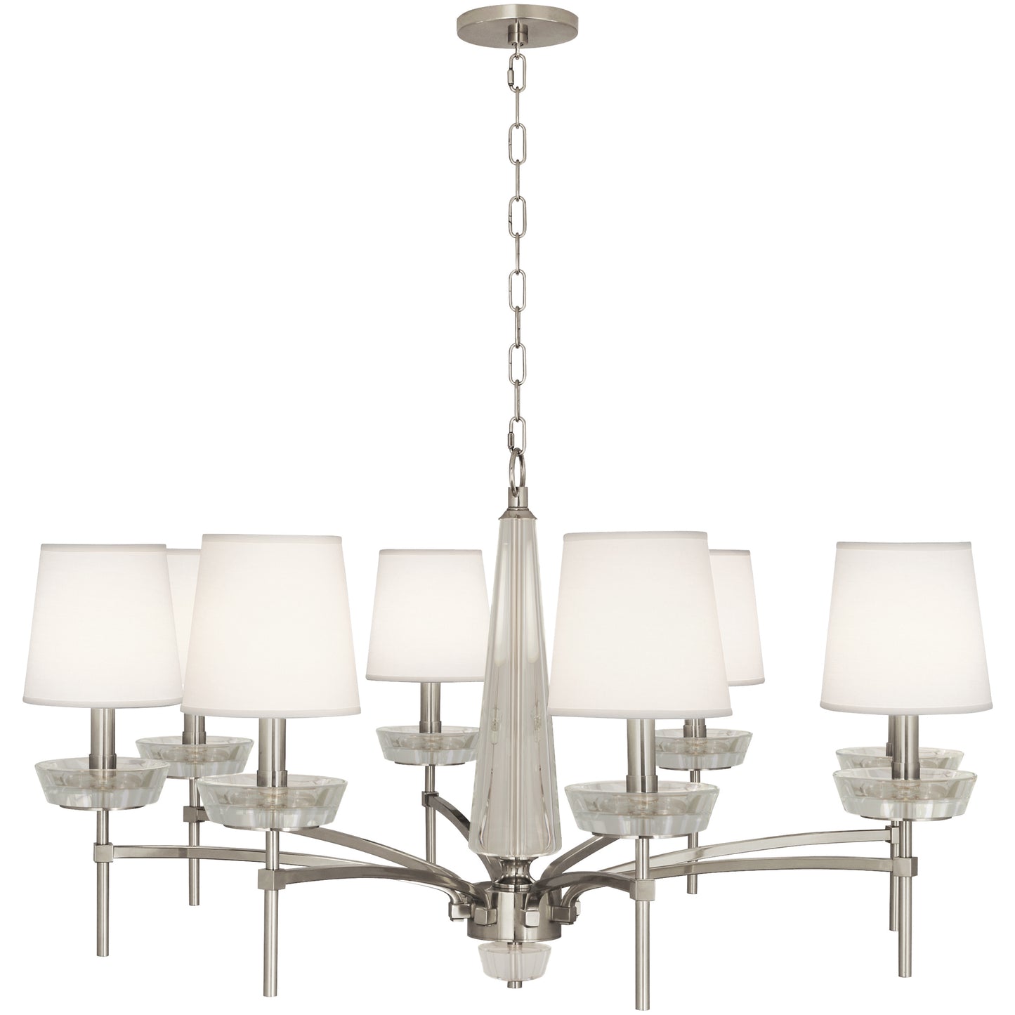 Polished Nickel Cristallo Chandelier with Fondine fabric shades and elegant crystal bowls.