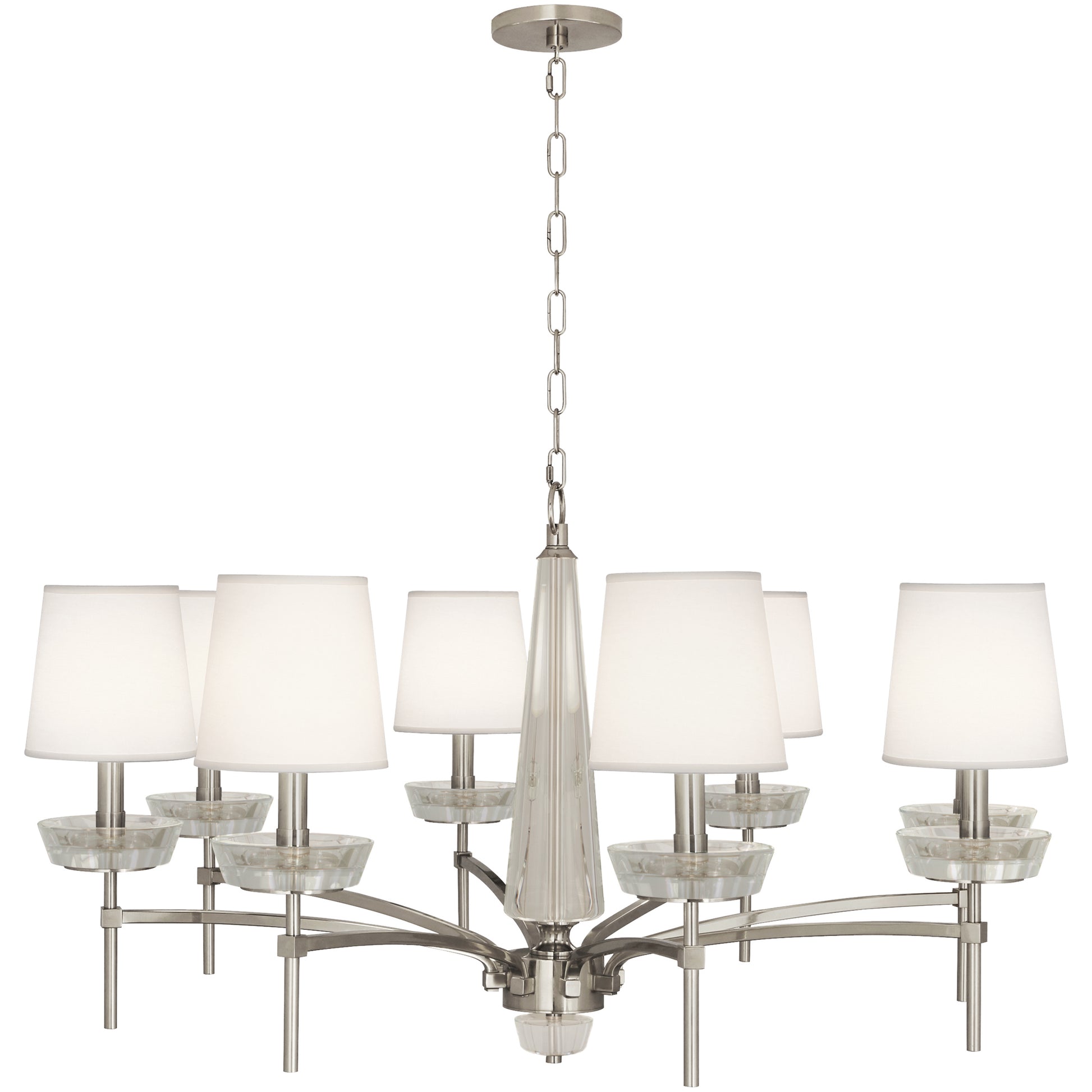 Polished Nickel Cristallo Chandelier with Fondine fabric shades and elegant crystal bowls.