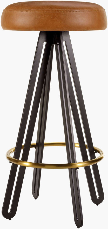 Front view of the Oberon Bar Stool by Surya, highlighting the rich brown leather upholstery and modern design.