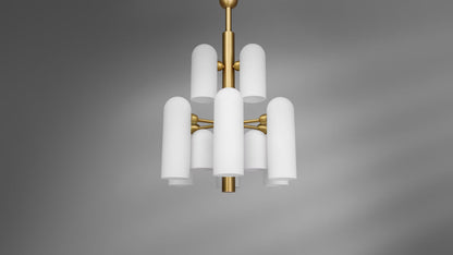 Elegant Odyssey 12 Chandelier with frosted opal glass shades and lacquered burnished brass frame.