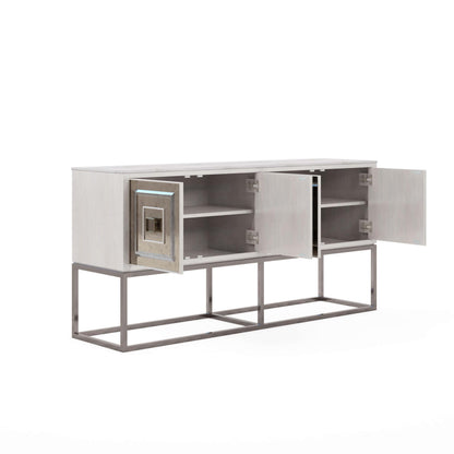 Front View of Mezzanine Traditional Accent Console with Soft-Close Doors Open Revealing Adjustable Shelves