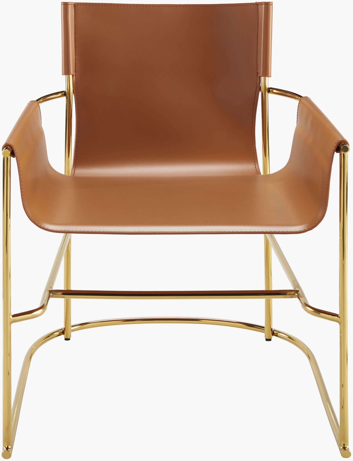 Front view of the Surya Kara dining chair highlighting its comfortable camel upholstery.