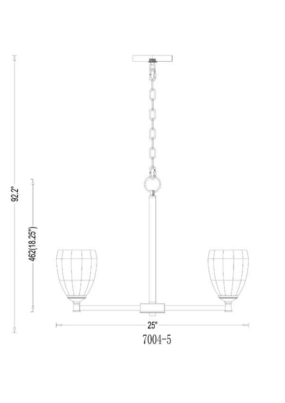 Technical drawing showing dimensions of Oren modern steel chandelier.
