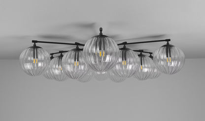 Orion Round Chandelier with Transparent Ribbon Glass and Black Gunmetal Finish.