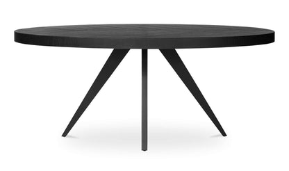 Front view of the Parq Black Oval Dining Table with rustic style and black finish.