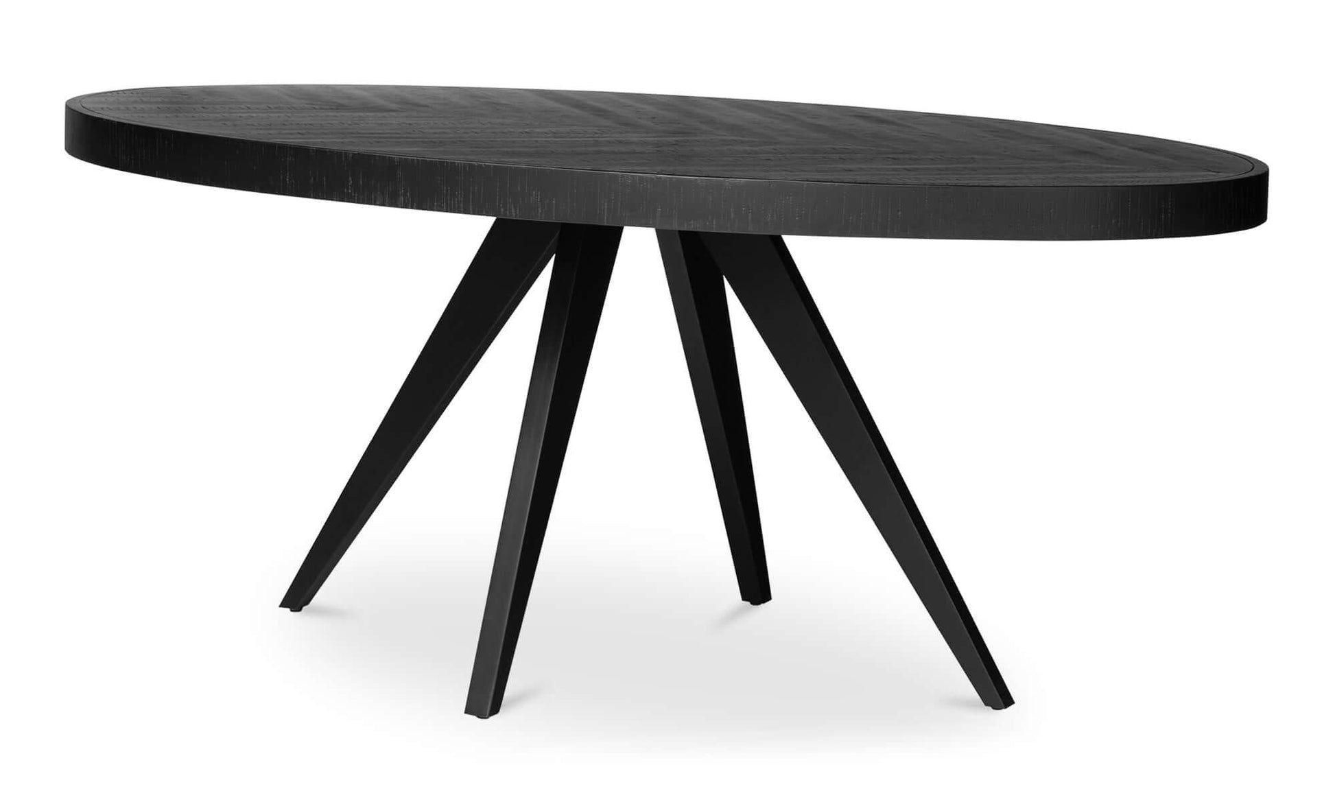 Side view of the Parq Black Oval Dining Table with angled legs.